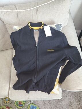 Balmain Black Zip Cardigan with Yellow Accents